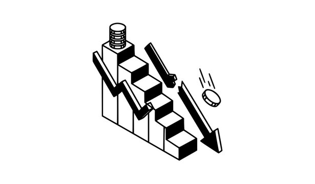 Falling Coin with Downward Financial Graph Black and White Vector Illustration