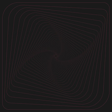 Abstract spiral pattern of concentric rounded squares with thin red lines on a black background