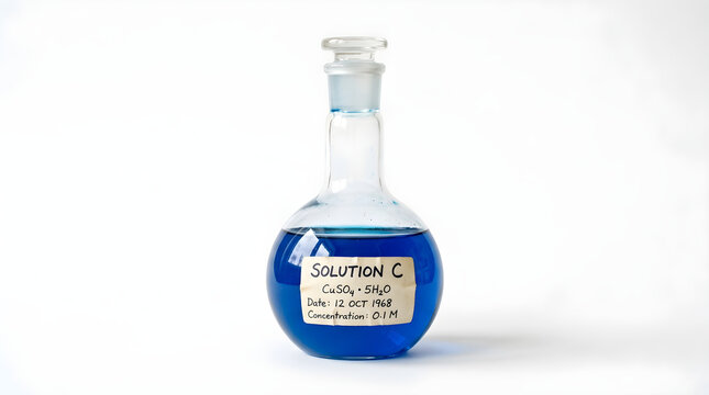 Vintage chemical glass flask with blue liquid, scientific laboratory flask labeled solution c, retro chemistry research equipment on white background