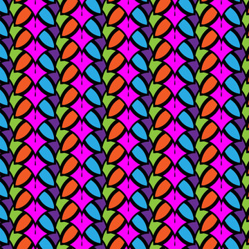 Colorful geometric pattern with repeating interlocking shapes in bright neon and primary colors