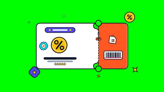 Animated discount coupon with percentage icon and barcode, flat vector voucher for retail sales, digital promotional ticket on green screen