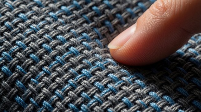 Close up of human finger touching textured woven fabric. Person feels soft blue, grey textile material. Hand inspects quality of cloth pattern. Detail of sewing production, upholstery manufacturing