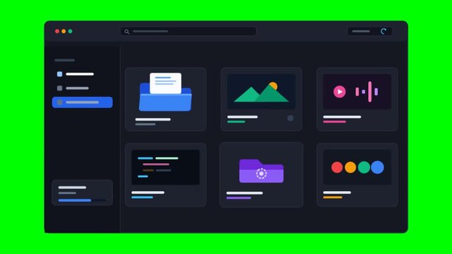 Dark mode web dashboard interface on green screen, minimalist file manager application UI, modern software control panel with colorful icons