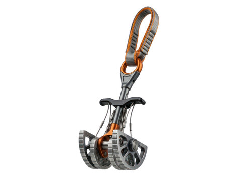 Orange and grey camming device for rock climbing isolated on a transparent background