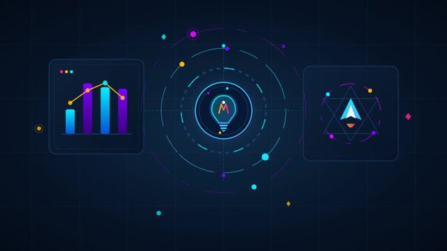 Digital business analytics dashboard with neon bar charts, futuristic HUD data visualization interface, high-tech financial growth motion graphics