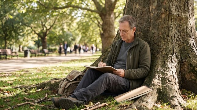 Older man sketching under a tree in a city park  
