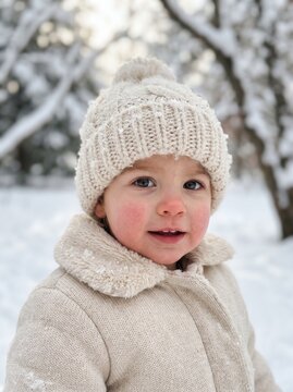 Toddler smiling in winter clothing with snow-covered trees in background  