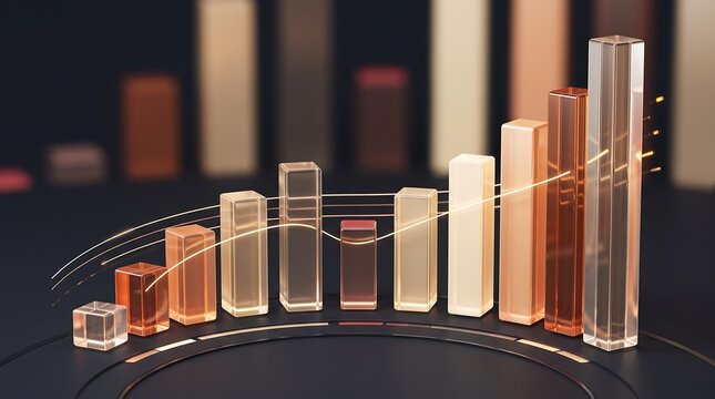 Transparent glass bar chart rising steadily with golden light streaks representing financial growth and success in a dark digital space with cinematic depth of field
