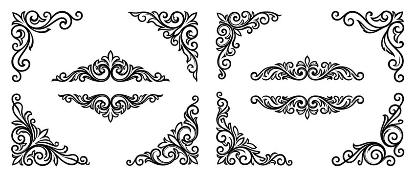 Elegant ornate corner brackets set. Decorative vintage corner trim designs. Scrollwork, floral, geometric, symmetrical, symmetrical corner brackets. Vector illustration.