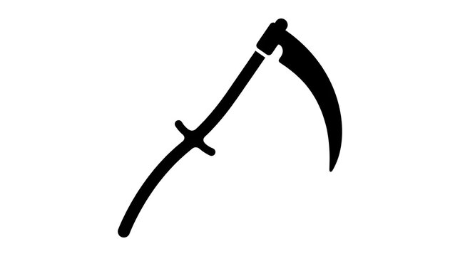Black silhouette icon of a traditional scythe, an agricultural hand tool for mowing grass or reaping crops. Isolated vector illustration on a white background.