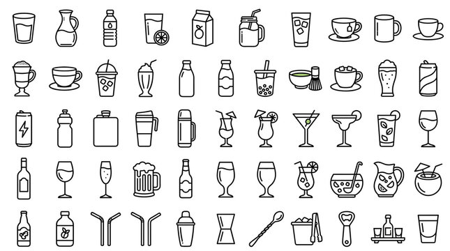 Modern Beverage Menu Icons &ndash; Editable Linear Drinks and Cocktail Symbols