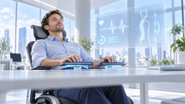 Healthy man typing on ergonomic keyboard with virtual health diagnostic monitor hologram.