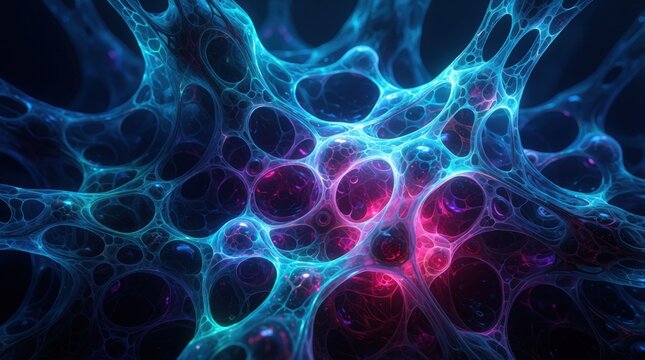 Abstract futuristic texture with glowing blue organic mesh structures. Bio digital forms create deep alien environment. Neon pink light shines through complex cell like patterns. Sci fi background
