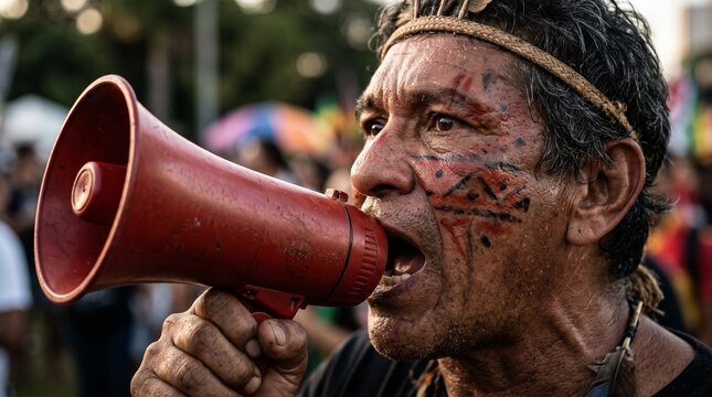 Cacique ind&iacute;gena protestando com megafone vermelho