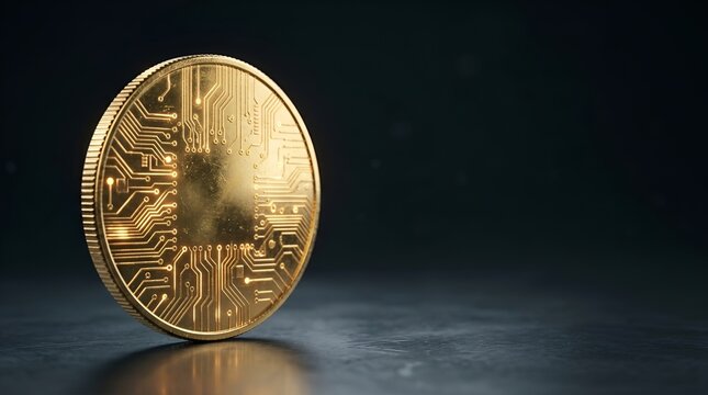 Golden cryptocurrency coin with circuit board pattern, digital currency token on dark background, futuristic fintech concept for blockchain technology