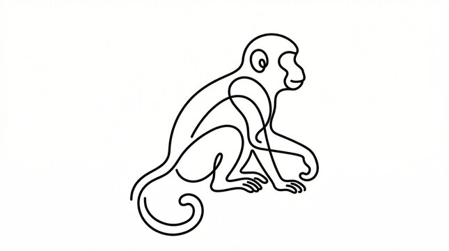 Vector continuous one line drawing of a monkey crouching with a curled tail, minimalist black outline on white background
