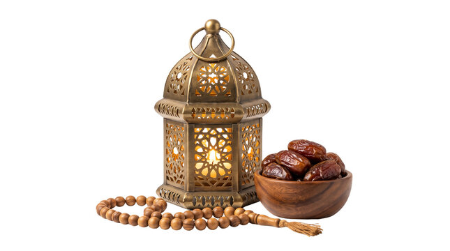 Traditional Ramadan lantern with glowing light, bowl of sweet dried dates and wooden prayer beads, ornate brass fanous for Islamic religious holidays. isolated PNG with Transparent Background