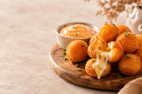 Freshly Cooked Mozzarella Cheese Balls Served on a Wooden Board