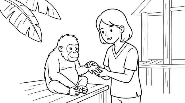 Veterinarian holding hand of baby orangutan in jungle clinic line art illustration