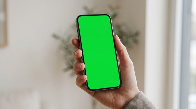 Hand holding a modern smartphone with a vibrant green screen for customization