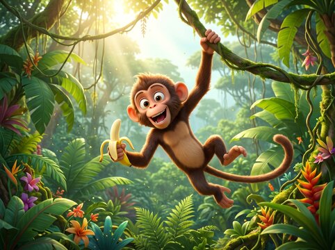 A 3D animated portrait of a cheerful little monkey swinging on a vine while holding a banana, set in the midst of a dense tropical forest illuminated by the morning sun.