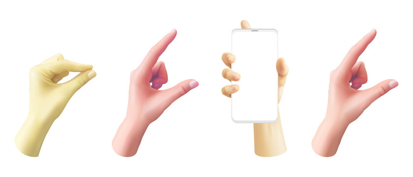 Set of realistic human hands showing different gestures and holding smartphone transparent background