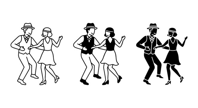 Retro Couple Dancing Vector Icons, Vintage Jazz Age Dancers, Art Deco Style Figures, Black and White Silhouettes
