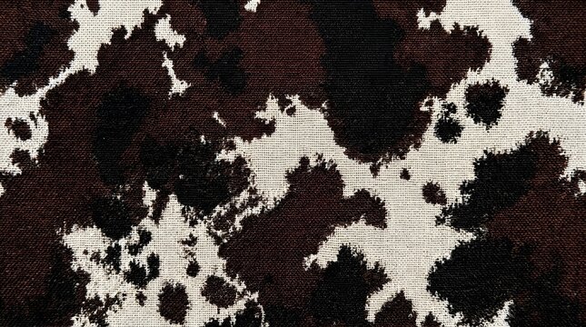 brown cow print fabric pattern background with dark spots and rustic burlap texture for fashionable textile design and upholstery projects