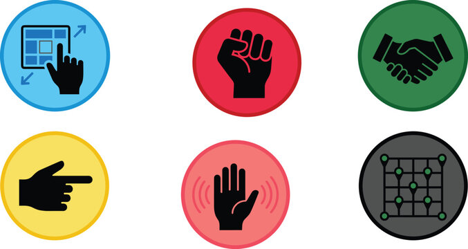 Business and social concepts round icon set featuring fist handshake hand gestures digital interface touch screen and networking map vectors