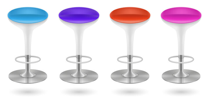 Set of four colorful modern bar stools with metal base transparent background