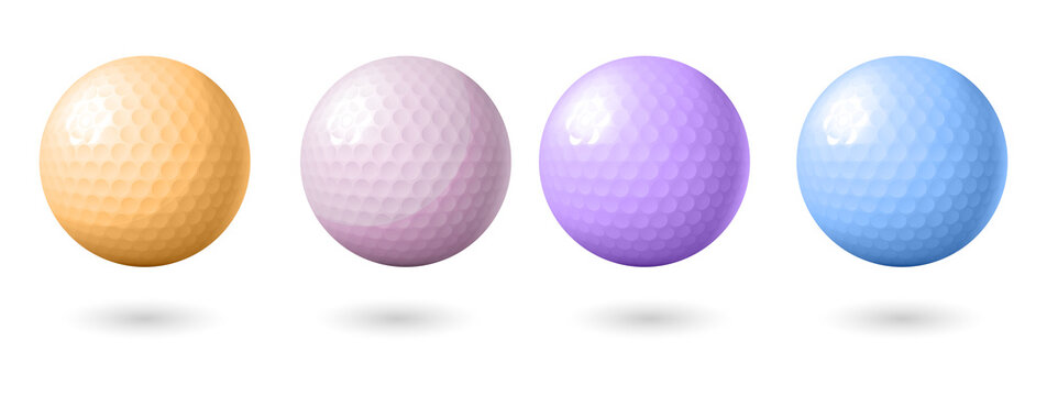Set of four colorful realistic golf balls with shadows transparent background