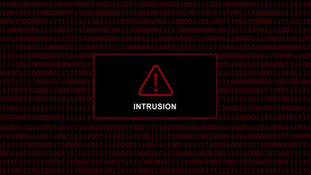 Cyber security alert warning screen featuring a digital intrusion notification with a glowing red warning triangle over a dark background, of cascading binary, code data streams, for tech concepts
