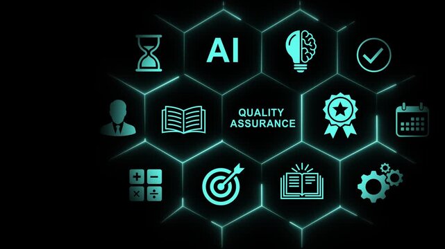 Assurance ai technology concept with digital hexagon network interface featuring for business strategy, data analysis, standards, and automated software testing solutions animation