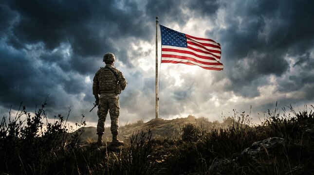 A solemn remembrance a soldier stands before the american flag amidst a battlefield memorial