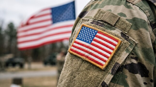 American patriotism displayed a united states flag patch on military camouflage uniform