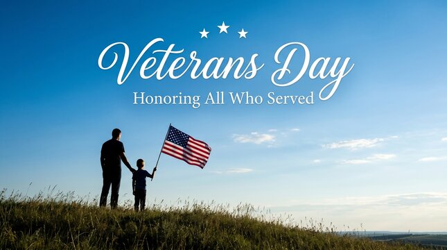A touching veterans day scene depicts a father and son silhouetted against an american flag and blue sky
