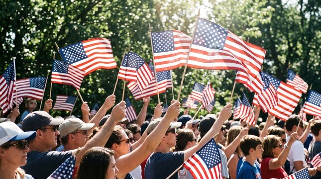 Patriotic crowd waving american flags outdoors celebrating a national holiday or event