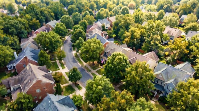 Aerial view of a residential neighborhood with lush green trees and red roofed houses on a sunny day