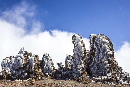 Roque de los Muchachos, rock formation covered with ice, La Palma, Canary Islands, Spain