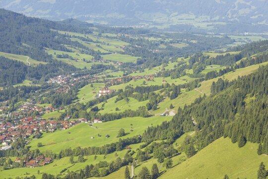 Panorama from the Hirschberg, 1456m, into the Ostrachtal with Bad Hindelang, Oberallg&auml;u, Allg&auml;u, Swabia, Bavaria, Germany