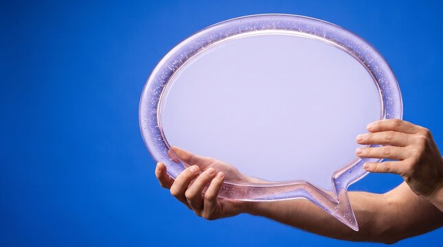 A captivating image showcases a pair of hands delicately holding a circular empty speech bubble against a vibrant solid blue backdrop creating a striking visual