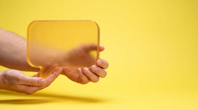 A captivating visual representation showcases a hand delicately holding a translucent rectangular form resembling a speech bubble set against a vibrant and uniformly yellow backdrop