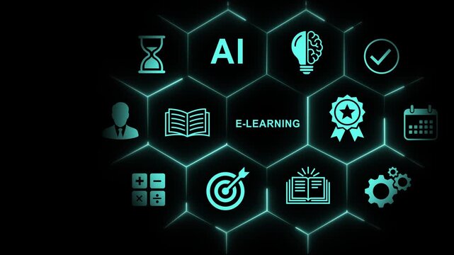 Digital e-learning and artificial intelligence concept animation featuring glowing neon hexagonal network interface with educational for modern online education, remote training, and future tech