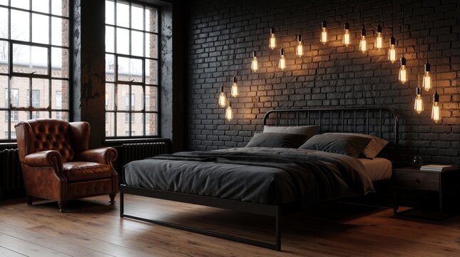 Modern loft bedroom with dark brick wall, industrial style. Large windows overlook city buildings. Comfortable bed with grey bedding, leather armchair sit on wood floor. Many hanging pendant lights