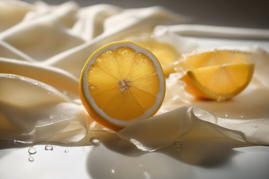 Tactile lemon slice on white fabric