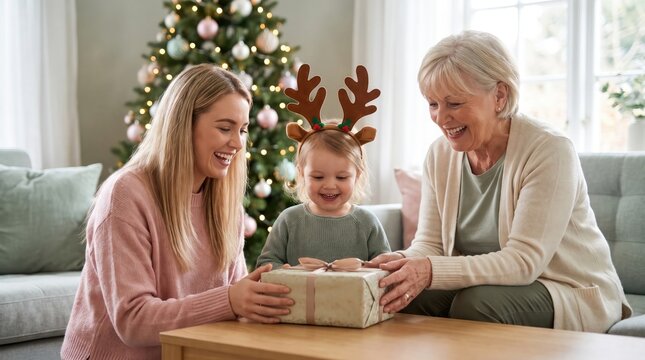 A grandmother mother and young granddaughter share a heartwarming moment opening a present during a festive christmas celebration at home
