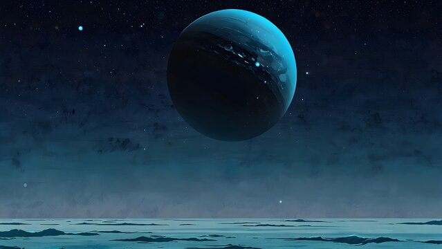 Large blue planet hanging over a dark frozen landscape under starry night sky