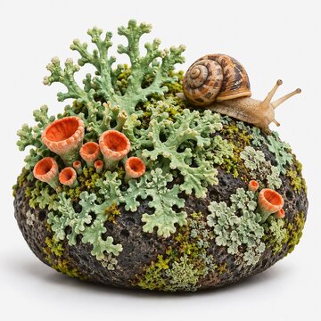 Garden Snail Crawling on Lichen Covered Volcanic Rock Macro