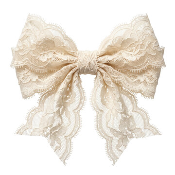 Elegant off-white lace bow with intricate floral embroidery and scalloped edges, capturing a romantic vintage aesthetic for wedding invitation design and feminine apparel branding.
