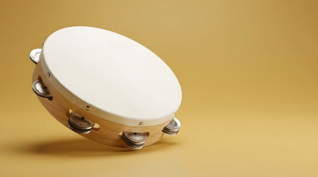 Tambourine musical instrument and wood percussion on yellow background for rhythm, sound and performance. Studio, professional and equipment with object, entertainment and hobby for singer talent.